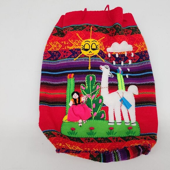 Handmade Inca Peruvian Knit Backpack With Llama & Girl Design Boho Colorful - Picture 1 of 9